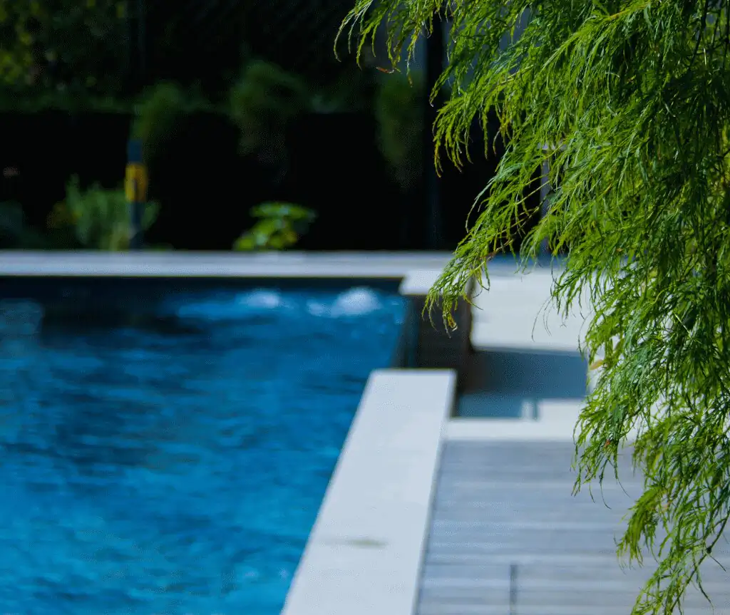 Pool edge and timber deck with willow branches in the foreground in Villingen-Schwenningen