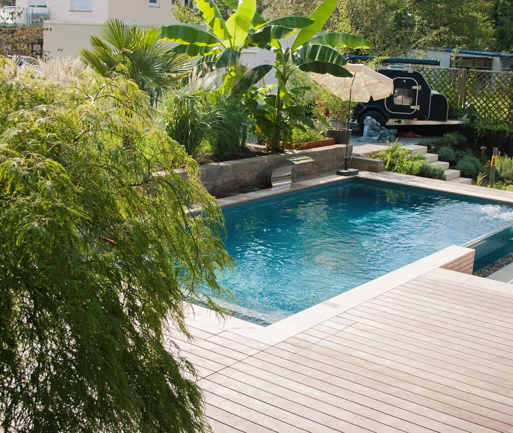 Pool on the timber deck between willow, banana plants and palms in Villingen-Schwenningen