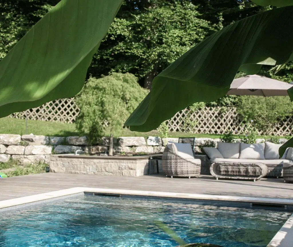 Banana leaves in front of the rattan lounge by the pool in Villingen-Schwenningen