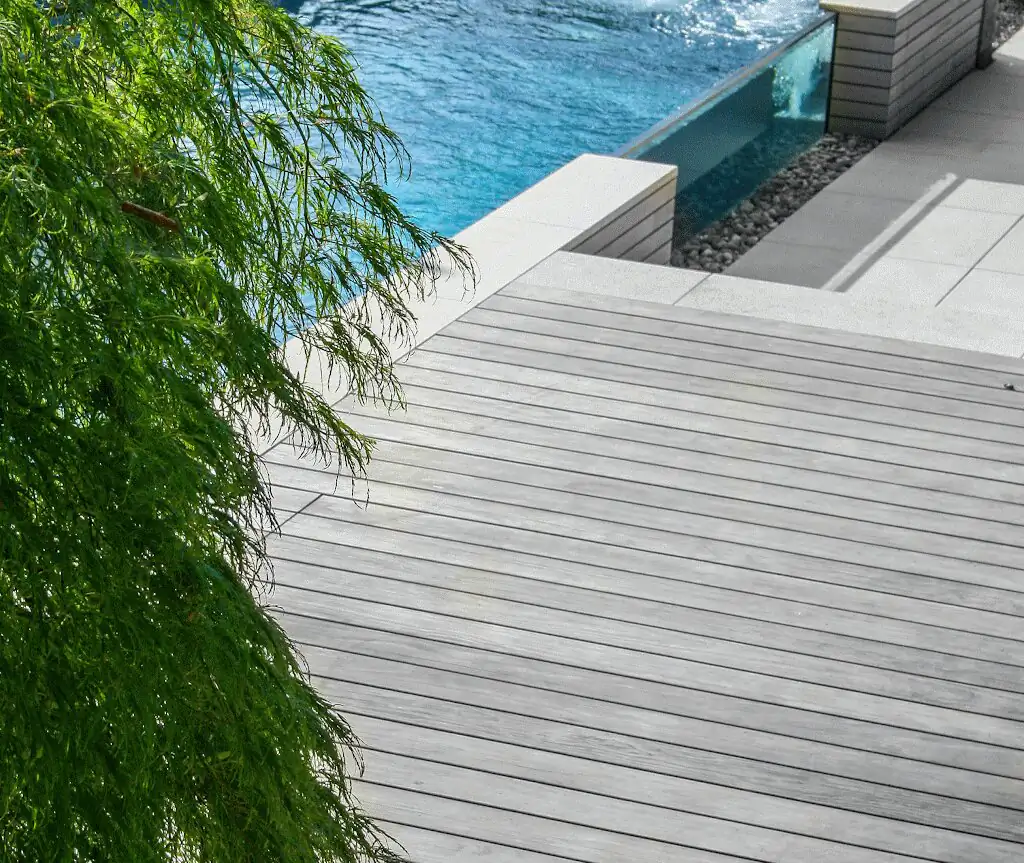 Timber deck with weeping willow next to the glass wall in Villingen-Schwenningen